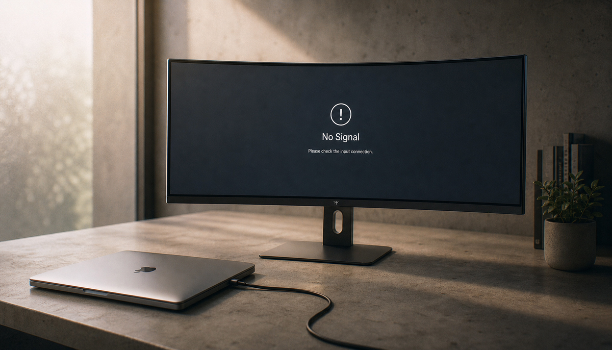 Laptop connected to ultrawide monitor via USB-C showing No Signal warning due to missing DisplayPort Alt Mode support