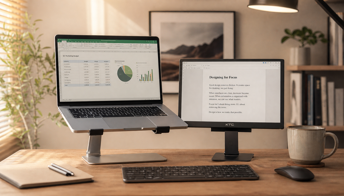 Laptop on a stand and portable monitor at equal height on a clean home office desk, showing an ergonomic dual-screen setup for reduced eye strain