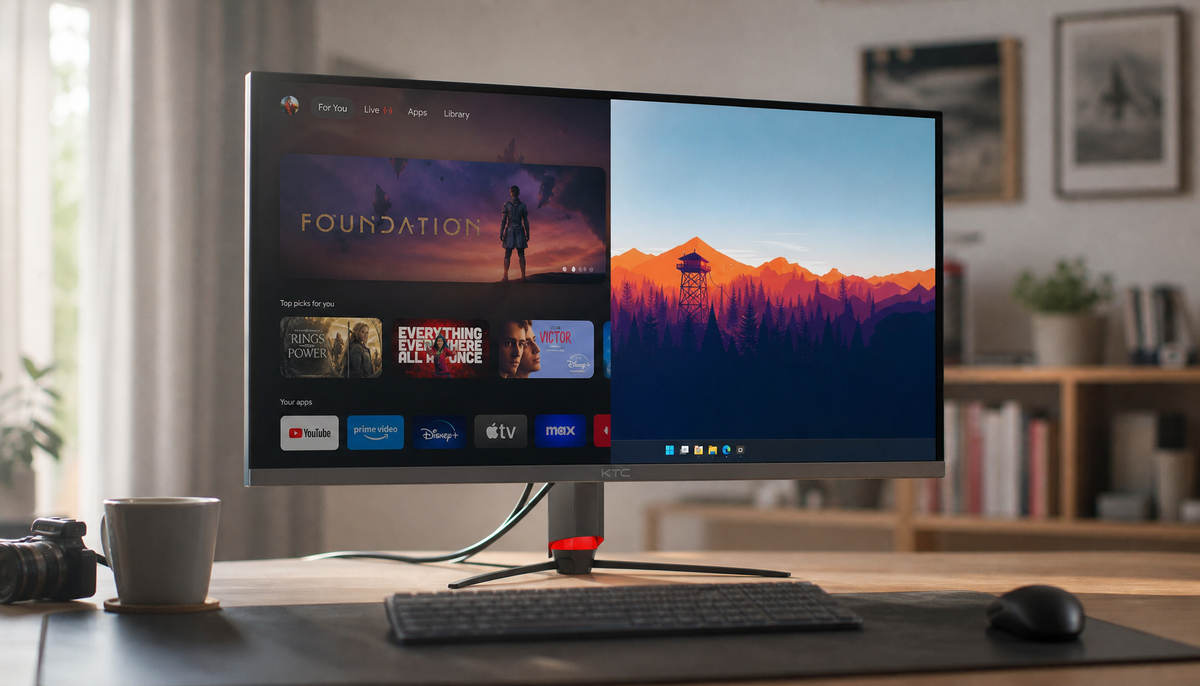 Large smart monitor on a clean desk showing both streaming interface and PC desktop, demonstrating smooth input switching between smart monitor mode and PC input