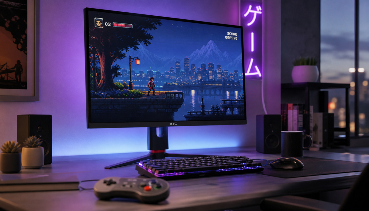 Modern gaming monitor displaying a retro emulated game on a clean desk setup with ambient LED lighting