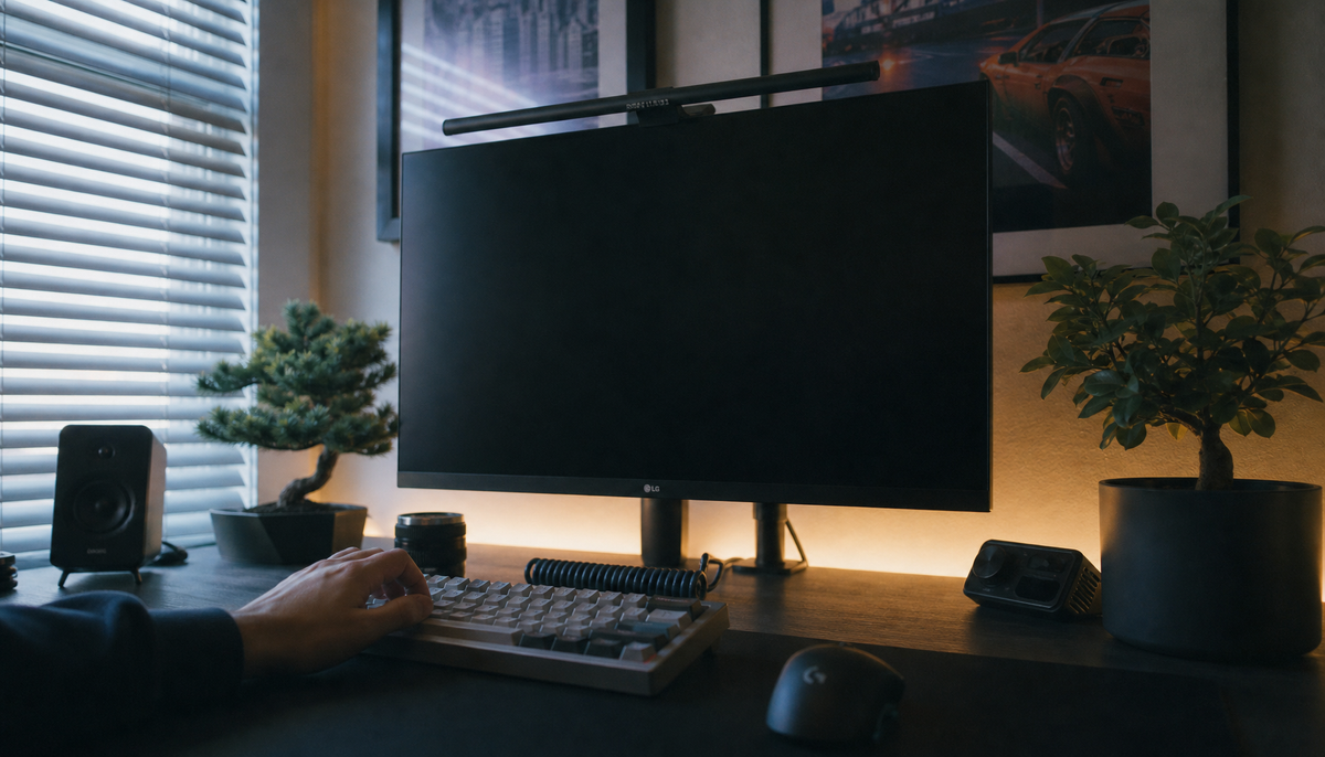 Monitor showing a blank black screen on a home office desk after waking from sleep mode