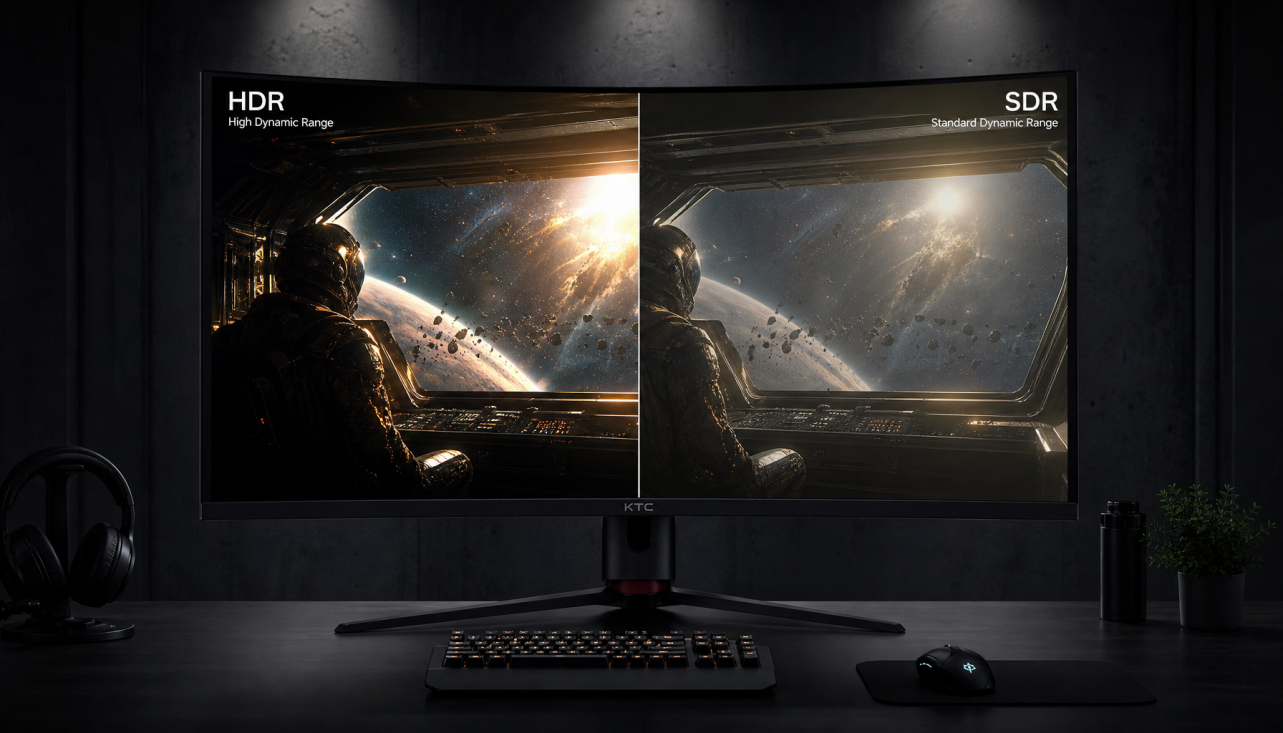 Native HDR vs SDR-to-HDR upconversion comparison on a gaming monitor showing highlight and shadow detail differences