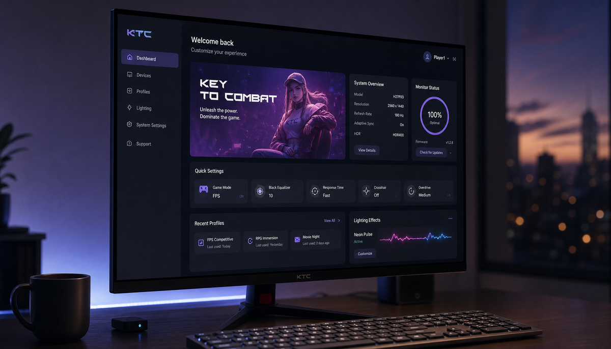 OLED monitor displaying a dark mode desktop interface in a dimly lit workspace, highlighting the low-luminance environment that reduces burn-in risk