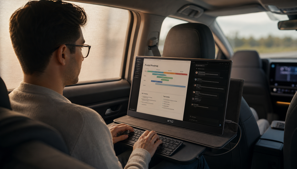Passenger in SUV rear seat using a portable monitor at eye level with ergonomic upright posture