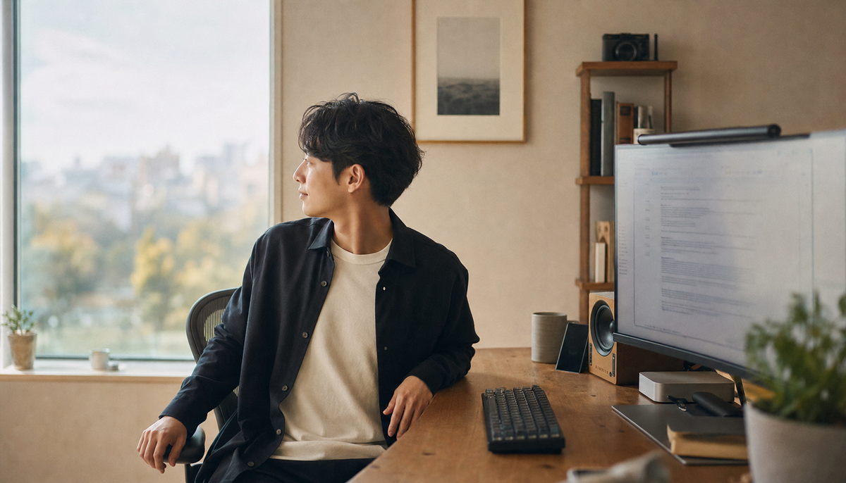 Person looking away from their computer monitor toward a window to rest their eyes during a work session