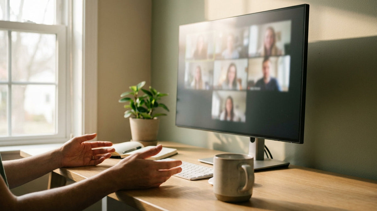 Person pausing between back-to-back video calls at a tidy home office desk with a monitor showing a blurred meeting grid