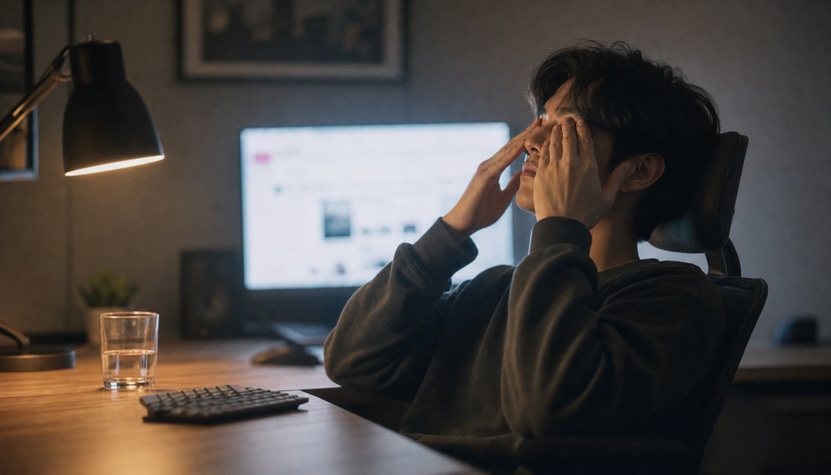 Person rubbing their eyes while taking a break from a glowing computer monitor