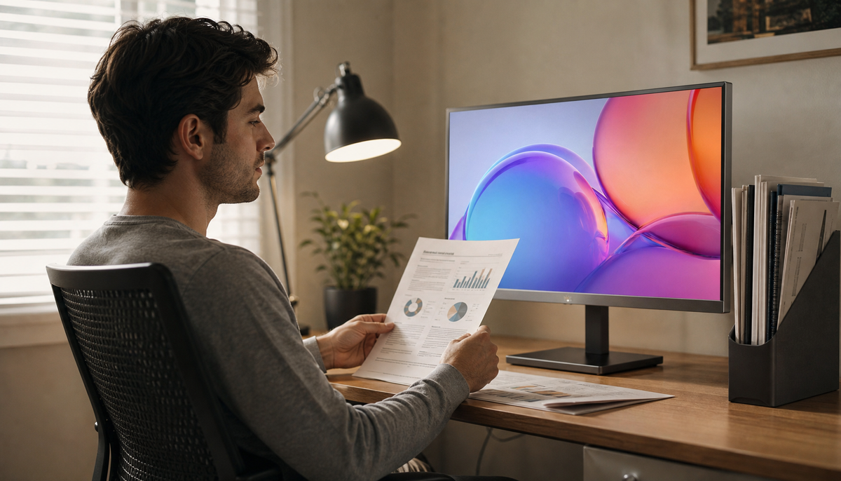 Person sitting upright at a well-organized desk with monitor at eye level and a document holder beside it, demonstrating a neck-friendly ergonomic workstation setup