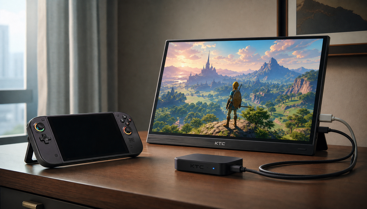 Portable monitor connected to a handheld gaming console on a hotel desk with separate USB-C power supply
