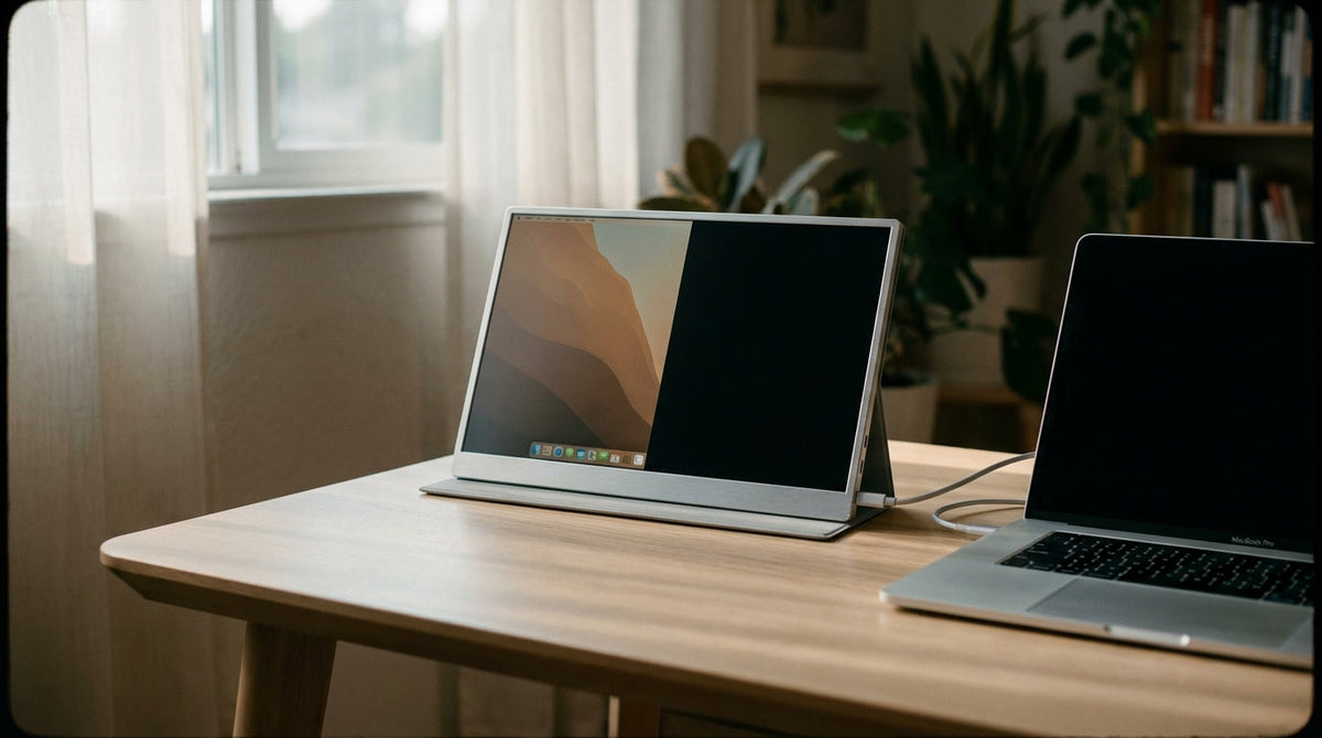Portable monitor connected via USB-C showing only half the screen — left half normal, right half black