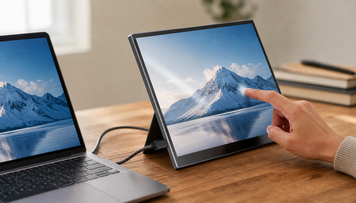 Portable touch screen monitor connected to a laptop via USB-C cable on a clean desk, with a fingertip touching the screen