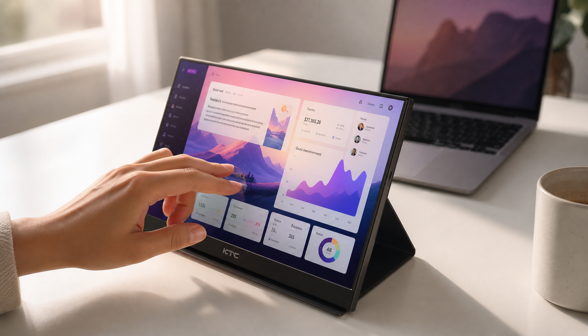 Portable touchscreen monitor on a desk with a hand performing a swipe gesture