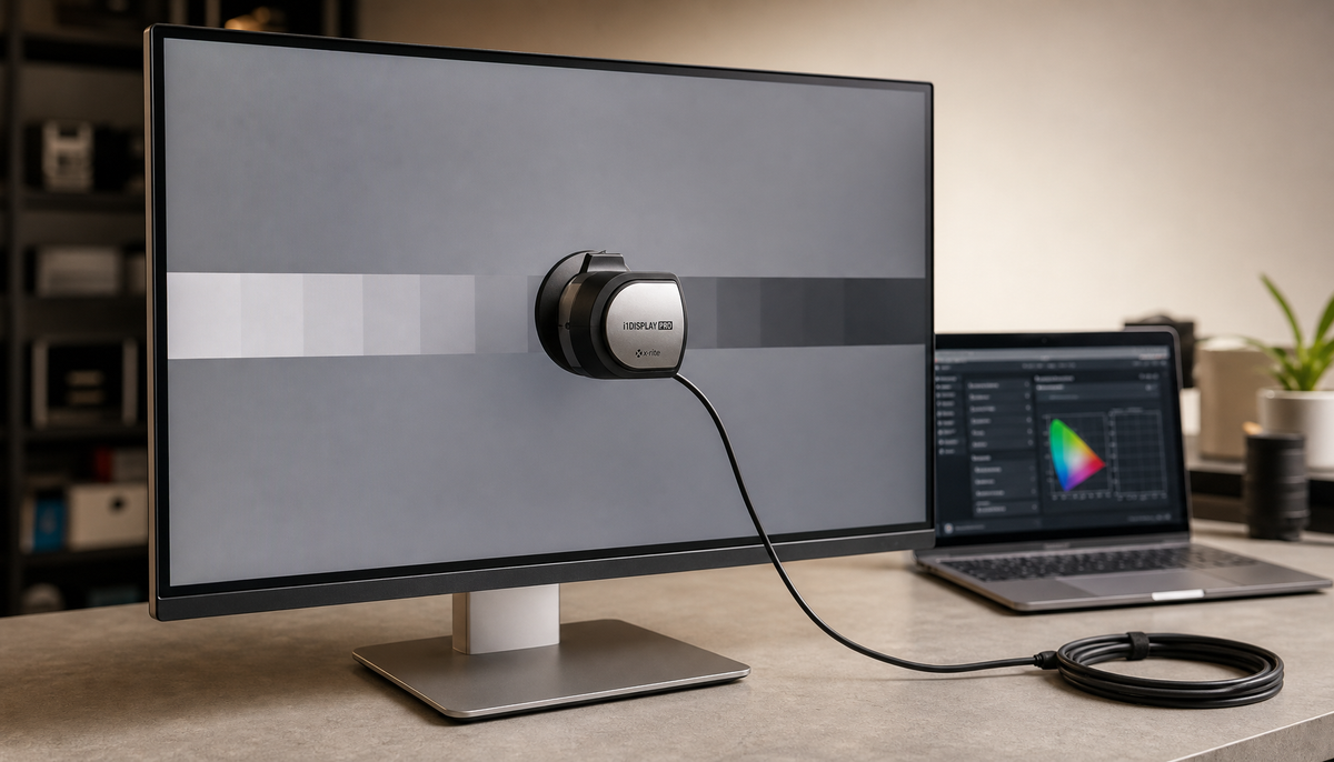 Professional monitor calibration workstation with colorimeter attached to IPS panel and calibration software on a nearby laptop