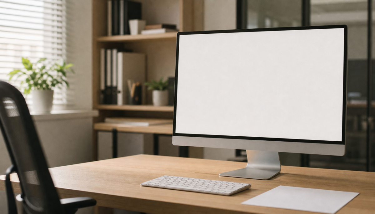 Professional office desk with monitor set to comfortable daytime brightness, white document on screen matching the brightness of printer paper nearby