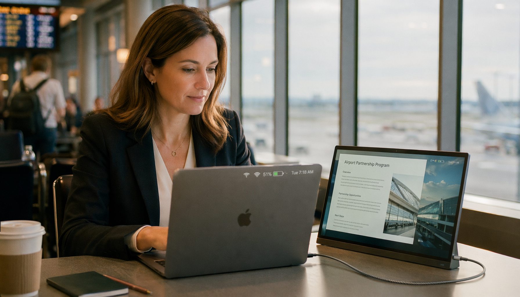 Professional working on a laptop with a portable monitor at an airport gate, USB-C cable connecting both screens, battery at 51%