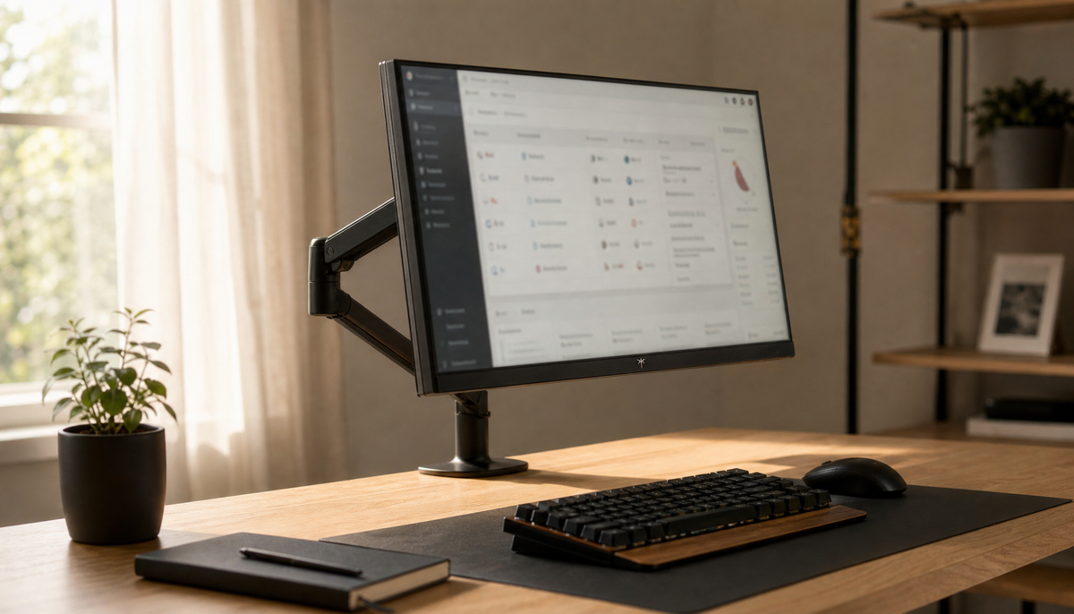 Properly positioned monitor at eye level on an ergonomic adjustable arm in a home office setup