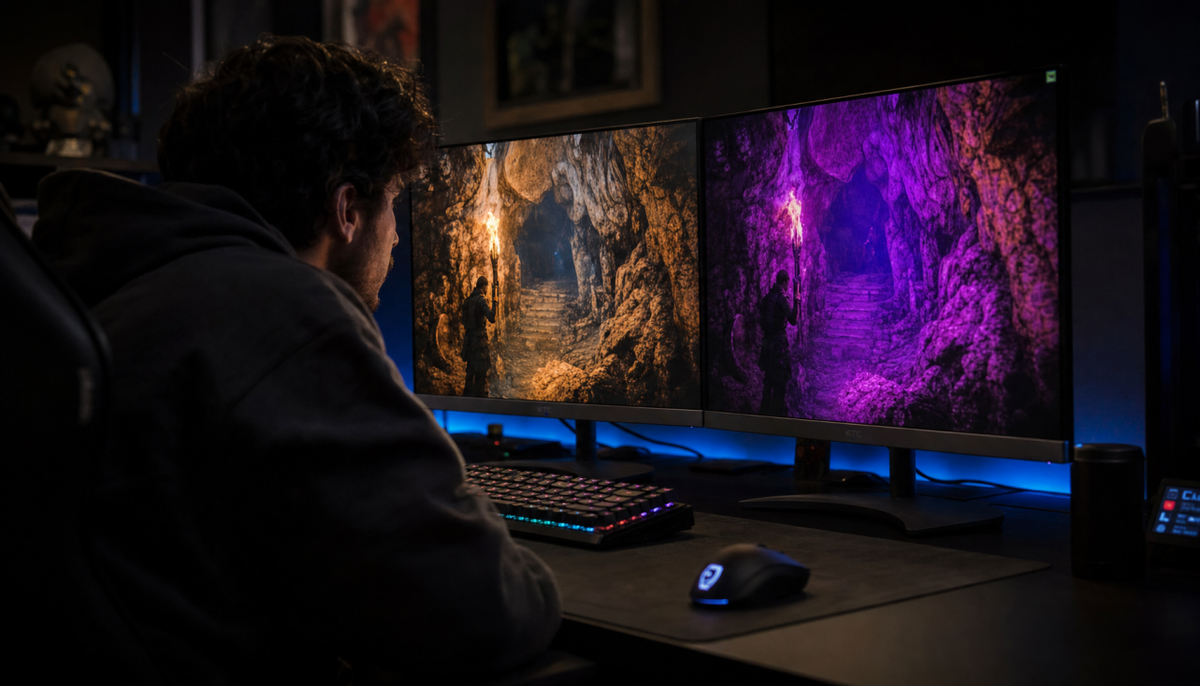 Side-by-side comparison of a console HDR game scene with correct colors versus a green tint caused by monitor settings mismatch