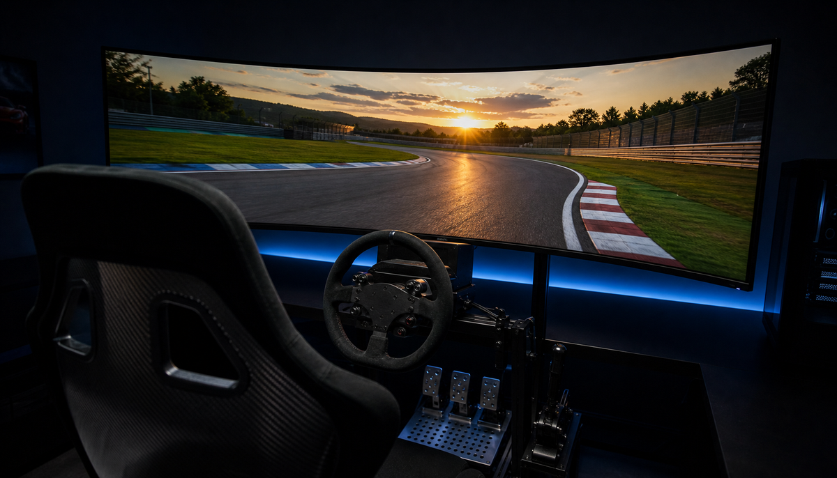 Sim racing cockpit with a curved ultrawide monitor displaying a race track at dusk, showing the wide field-of-view advantage of a 21:9 display for racing simulators