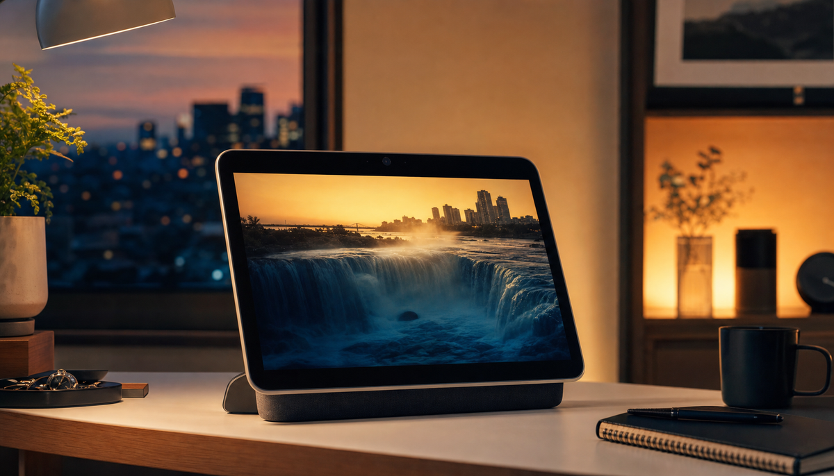 Smart display showing vivid HDR content with deep blacks and bright highlights in a warm home office setup