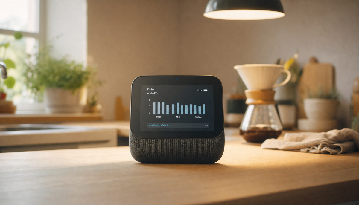 Smart display speaker on a kitchen counter with warm ambient lighting, showing audio controls on screen