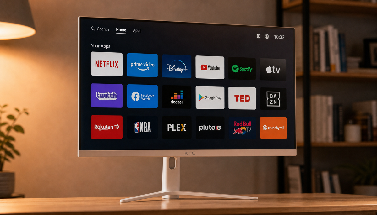 Smart monitor displaying a streaming app interface with multiple app icons on screen