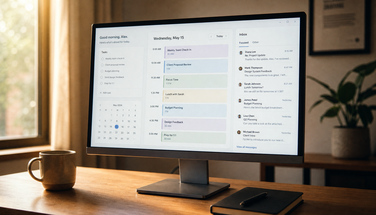Smart monitor on a home office desk showing a morning calendar and email planning layout
