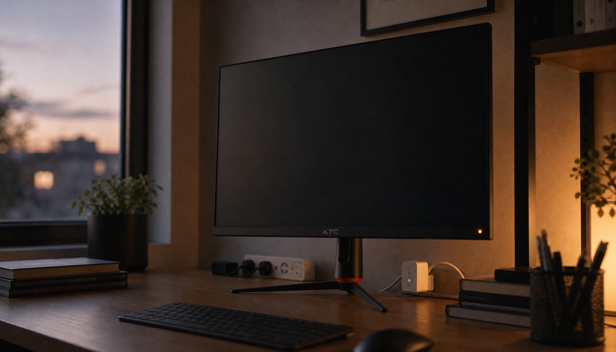 Smart monitor with screen off but standby indicator glowing, showing phantom power drain at night
