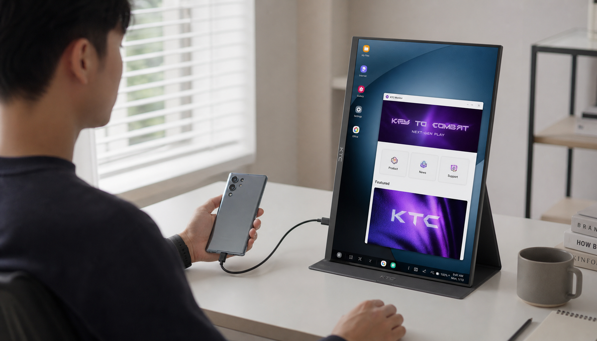 Smartphone connected to a portable monitor via USB-C cable on a clean desk, showing a working display output