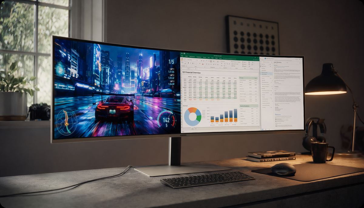 Super-ultrawide curved monitor showing a split-screen layout with gaming content on the left and a productivity workspace on the right