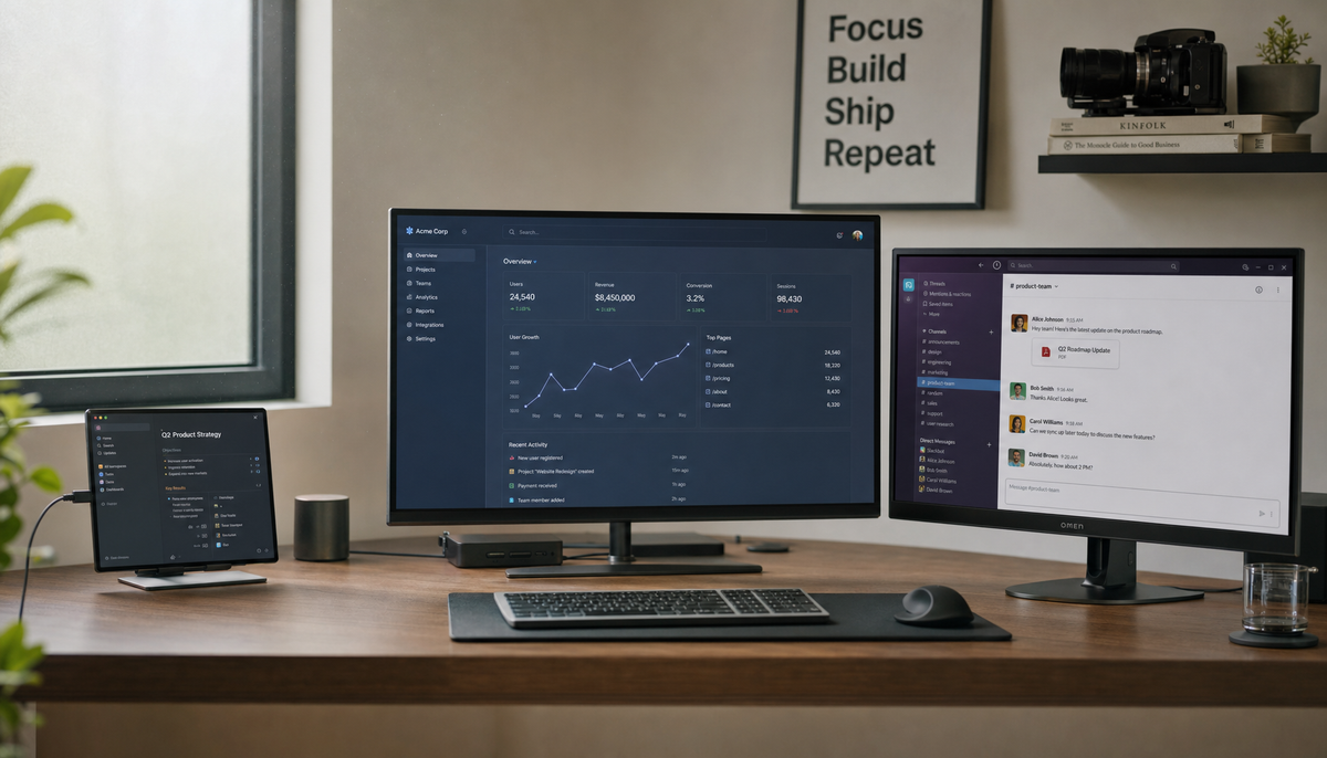Three monitors of different sizes arranged on a modern desk as a unified multi-monitor workspace setup