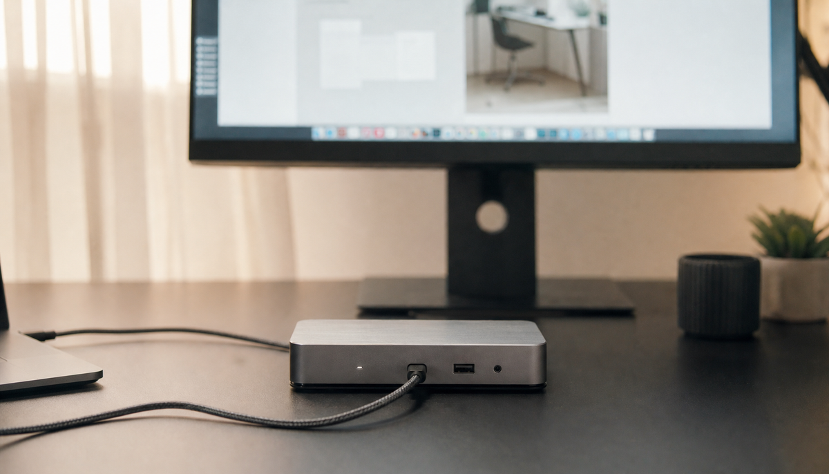 Thunderbolt dock on a clean desk with a USB-C cable connecting to a glowing monitor in a minimal home office setup