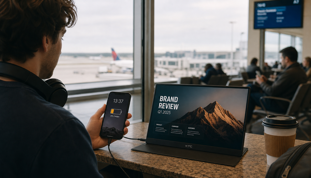 Traveler at an airport gate using a smartphone connected to a portable monitor with a USB-C cable, phone battery showing low charge
