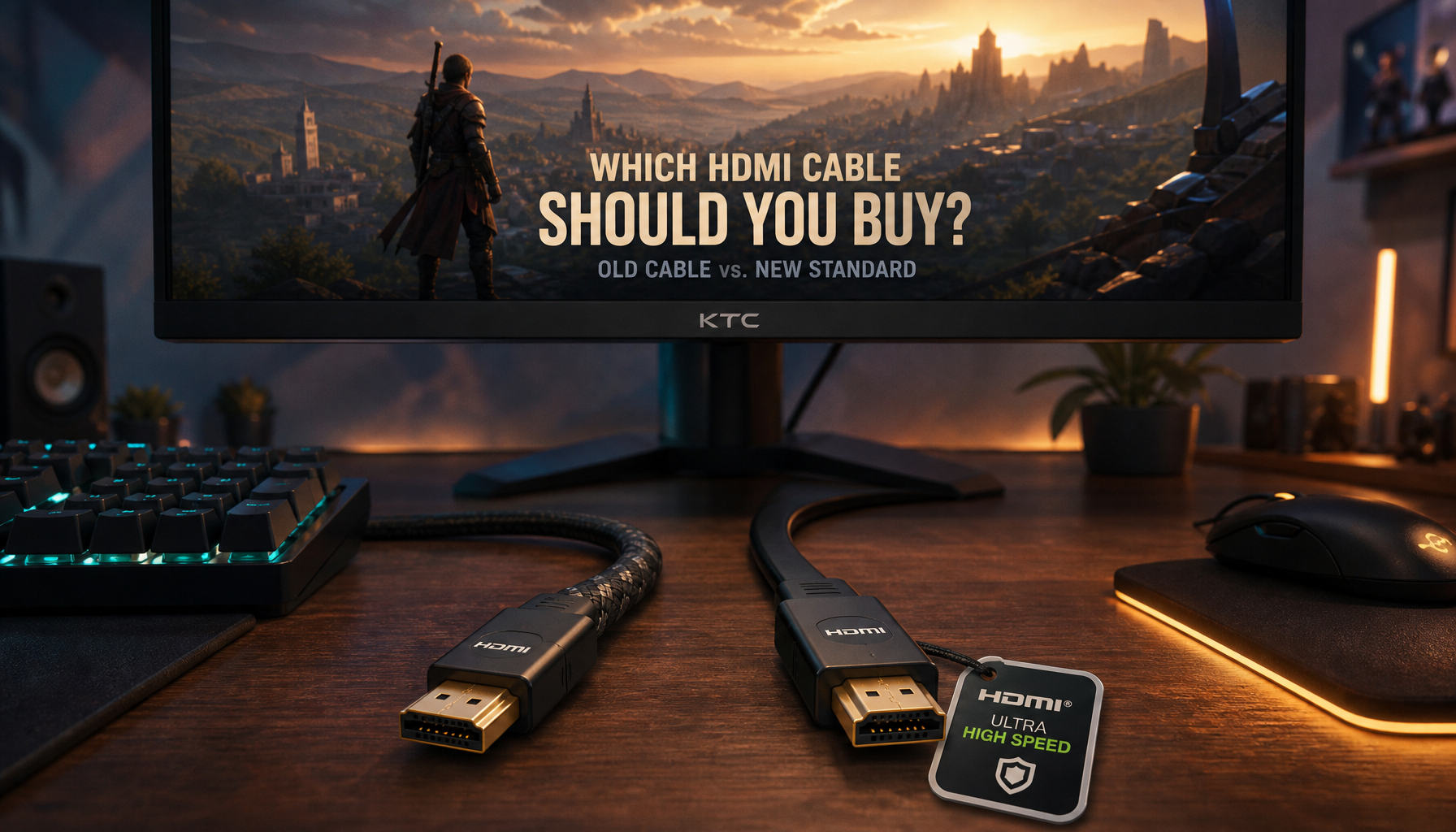 Two HDMI cables on a gaming desk with a 4K monitor in the background, illustrating the HDMI 2.1 cable vs port question