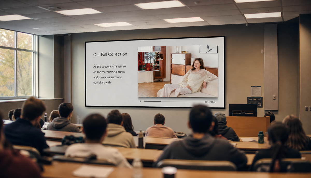 University lecture hall with a large display showing a smooth, stutter-free presentation video during class