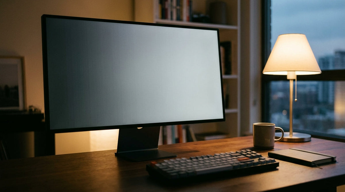 Widescreen monitor displaying a grayscale gradient for color calibration in a softly lit home office