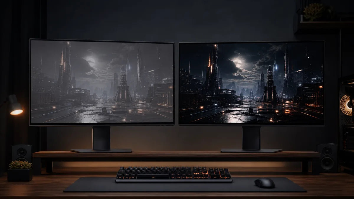 Side by side monitors comparing low contrast gray blacks with high contrast deep blacks in a dark gaming scene.