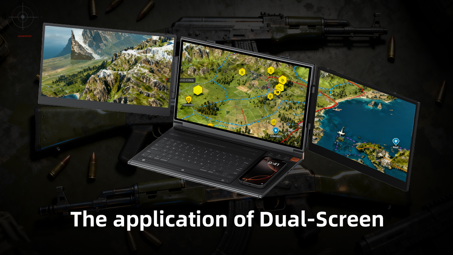 Triple-screen gaming setup using a laptop and two portable monitors, displaying the main game view and a detailed map/information screen.