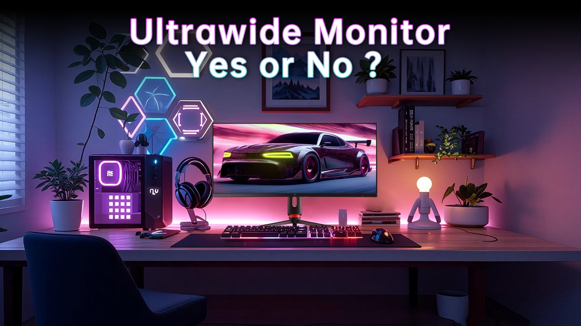 Desktop setup featuring a KTC monitor with text overlay asking "Ultrawide Monitor Yes or No ?", positioned as a product guide.