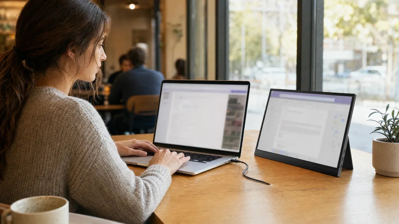 Slim portable monitor standing on its kickstand beside an open laptop on a sunlit cafe table