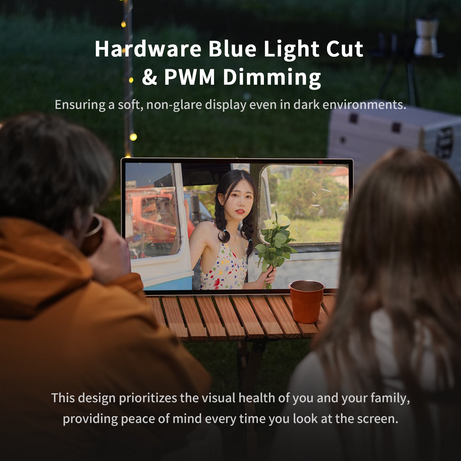 KTC 25" portable monitor with blue light cut & dimming, eye-care display, outdoor setting. Comfort viewing with the model.