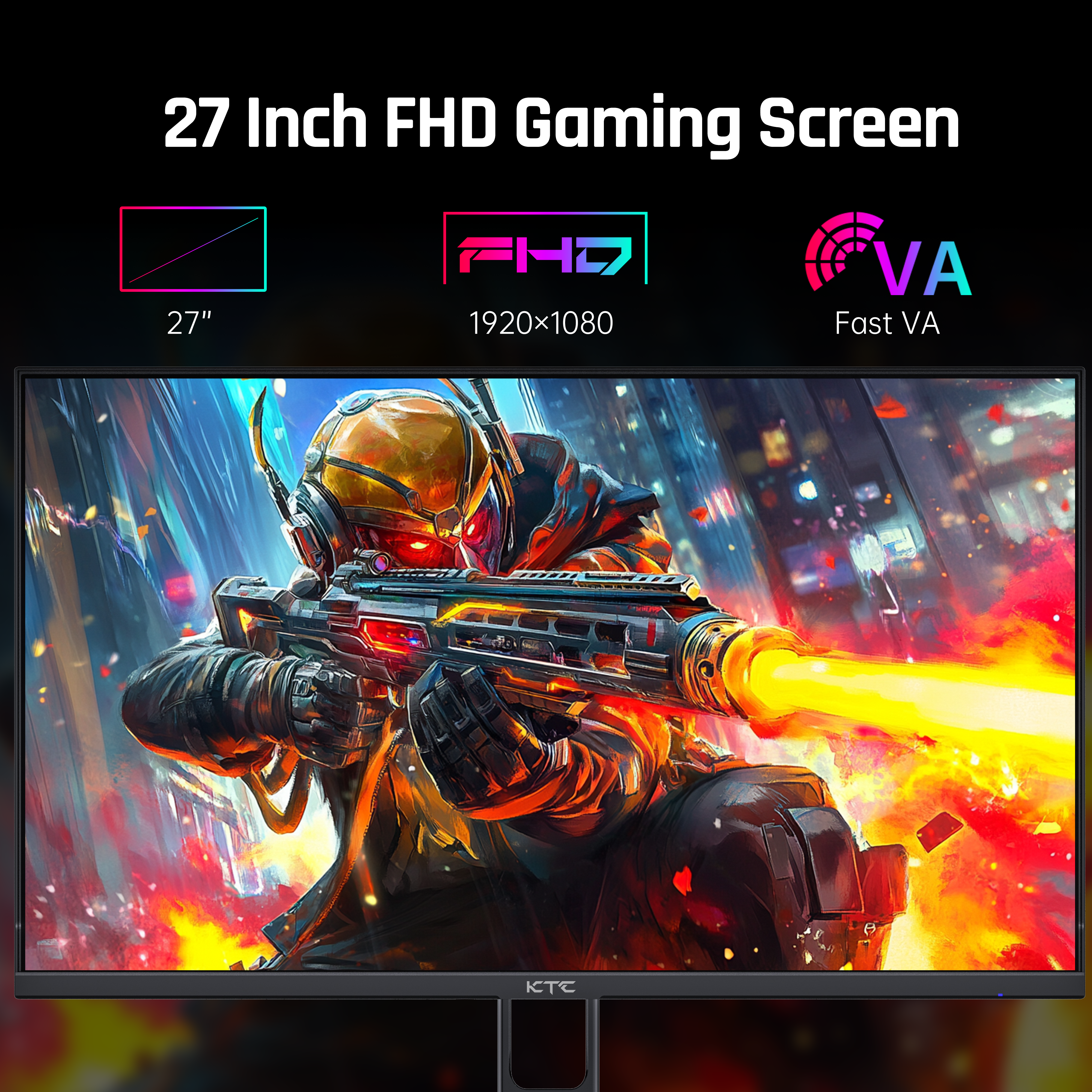 KTC 27-inch FHD gaming monitor with Fast VA panel, featuring gaming scene