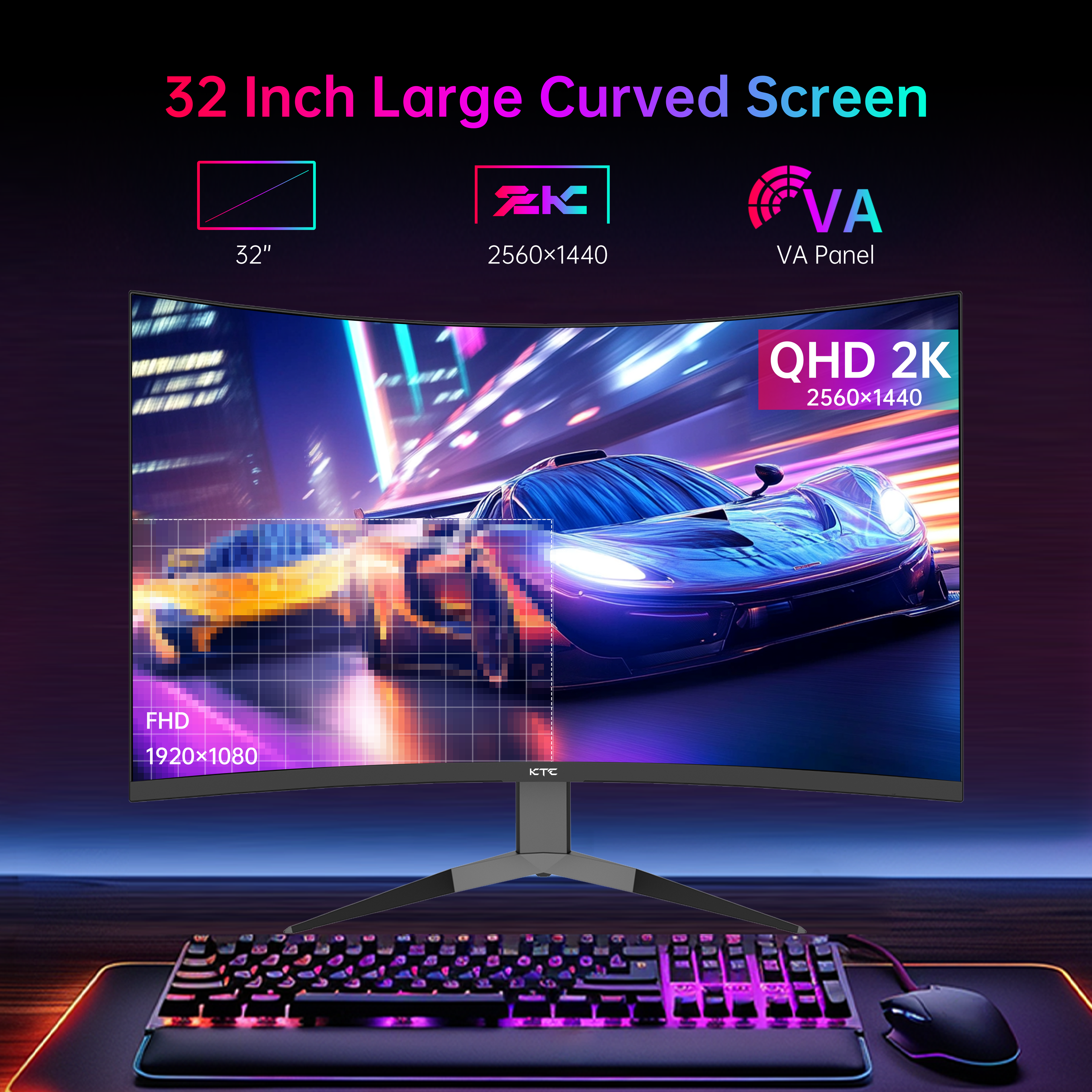 KTC 32 inch curved gaming monitor with QHD 2K resolution, showcasing smooth visuals and immersive gaming for esports.