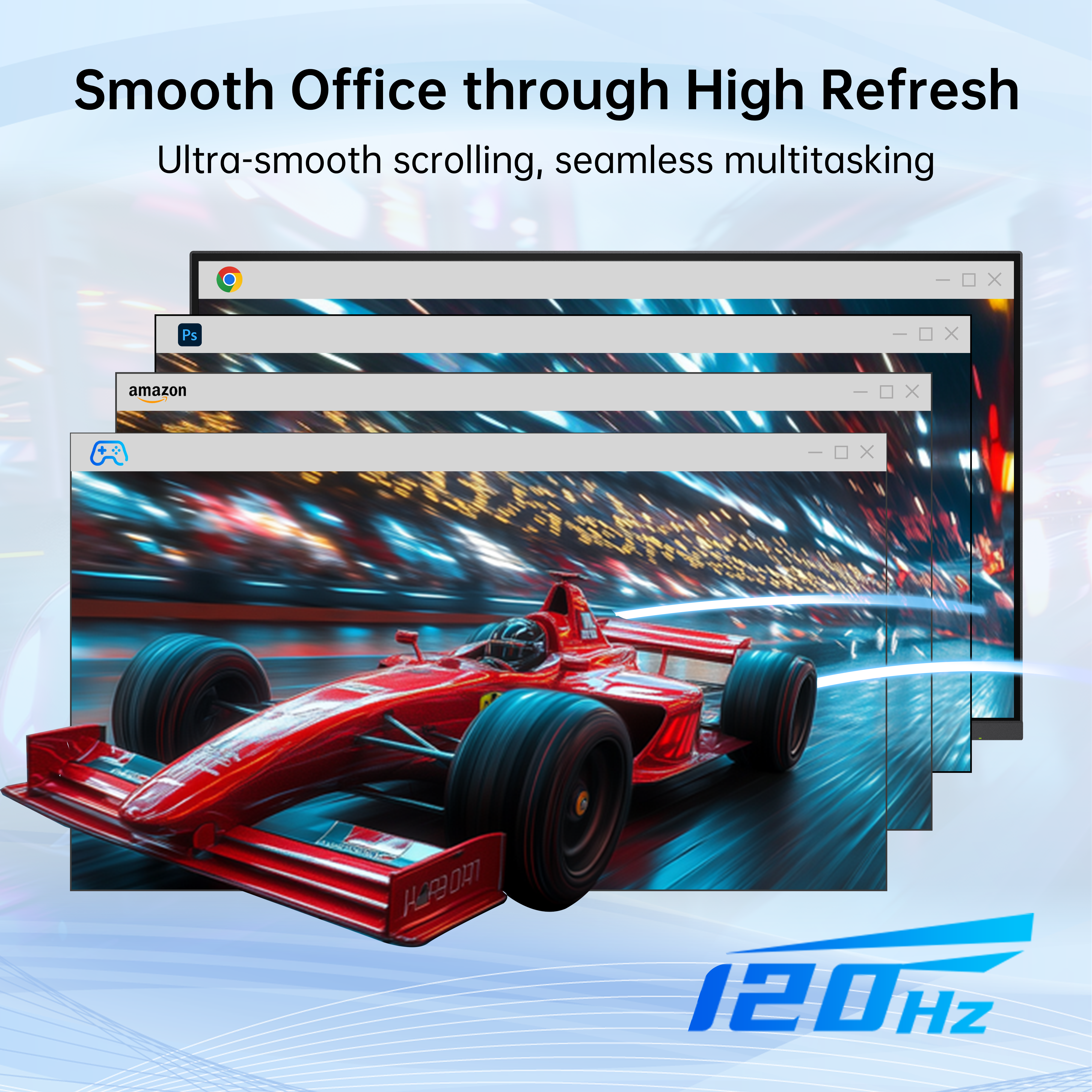 KTC monitor showcasing smooth scrolling and multitasking with 120Hz refresh rate for office and gaming.