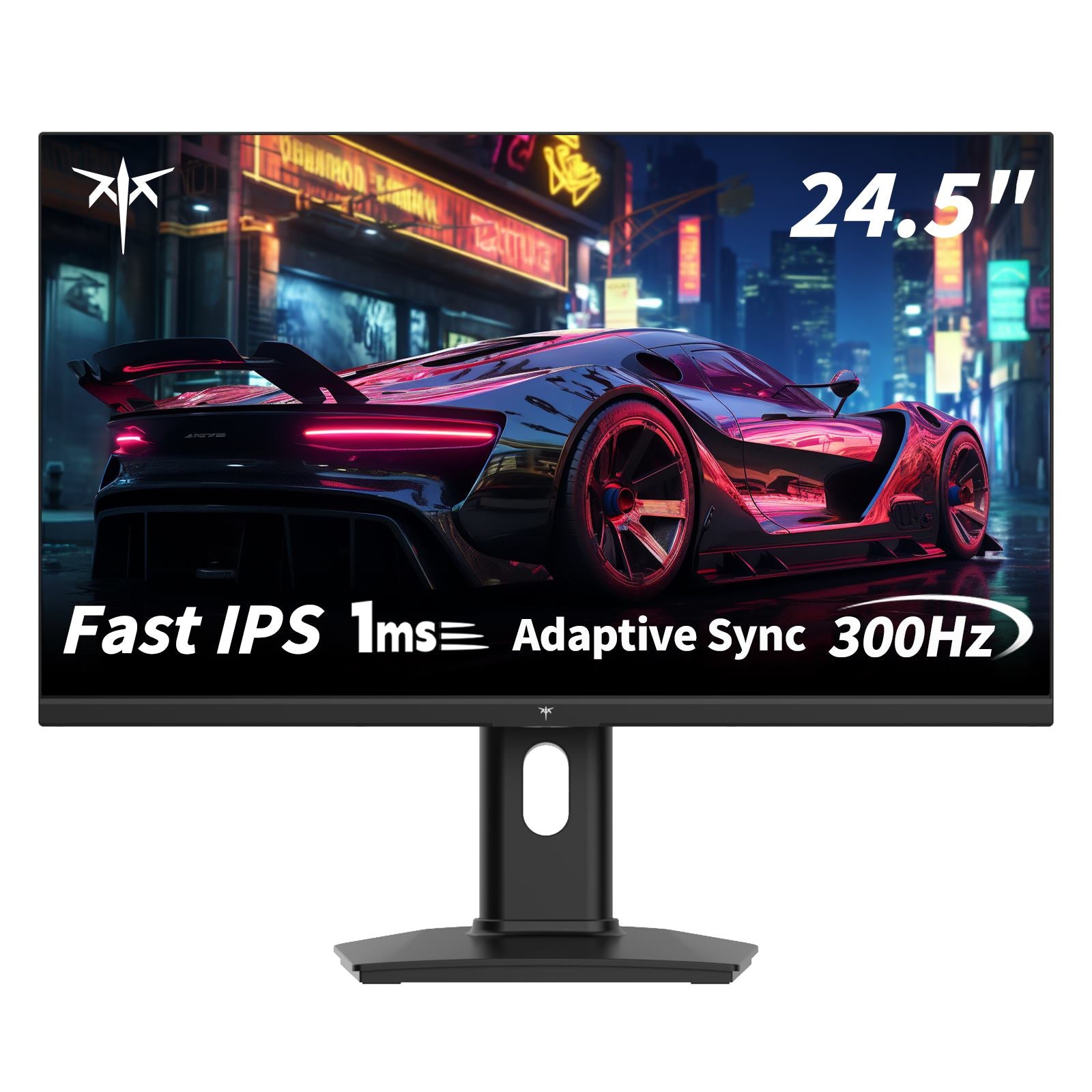 Monitor with a futuristic car design on the screen, featuring text about display specifications.