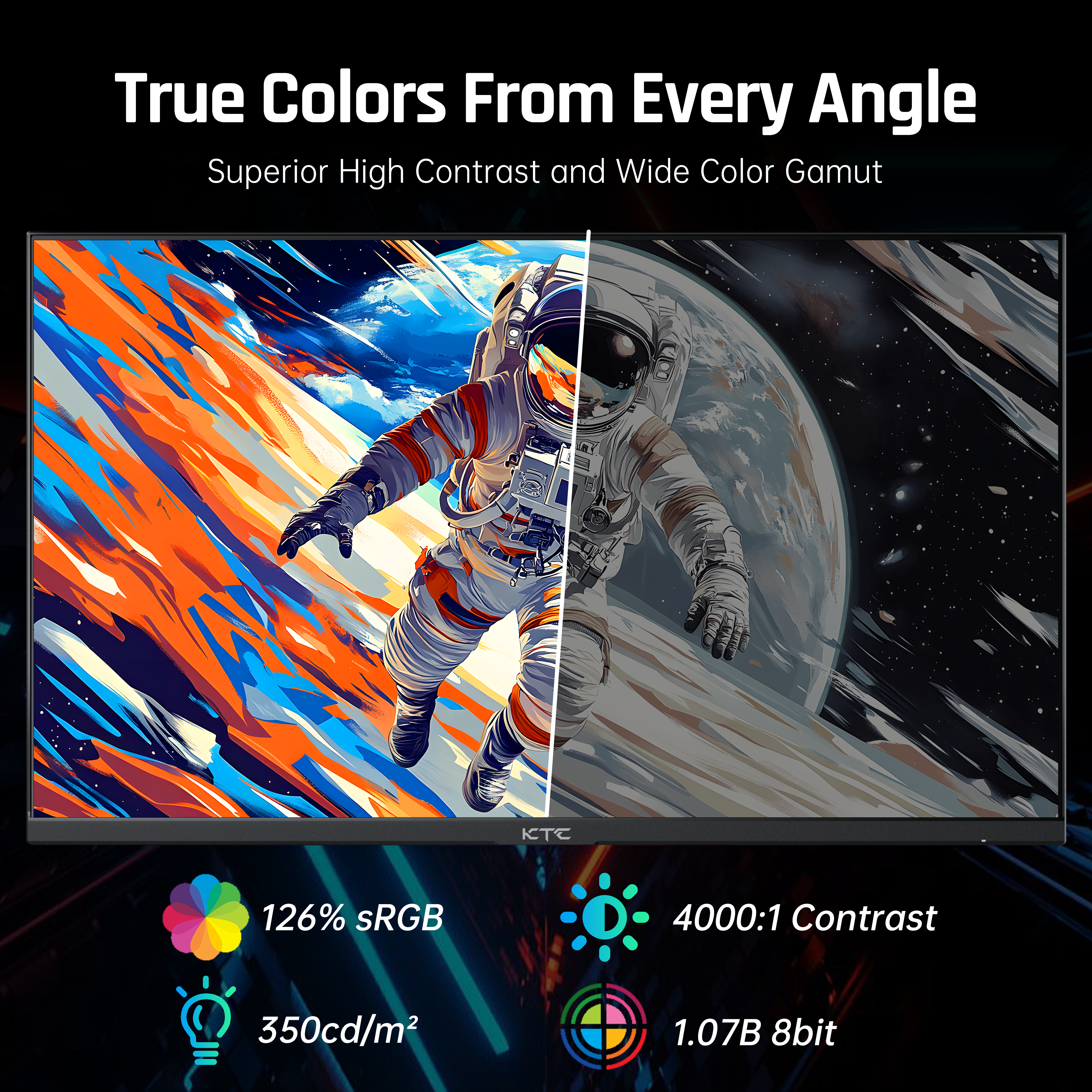 KTC gaming monitor with vibrant colors and contrast, delivering immersive visual experience, true colors from every angle