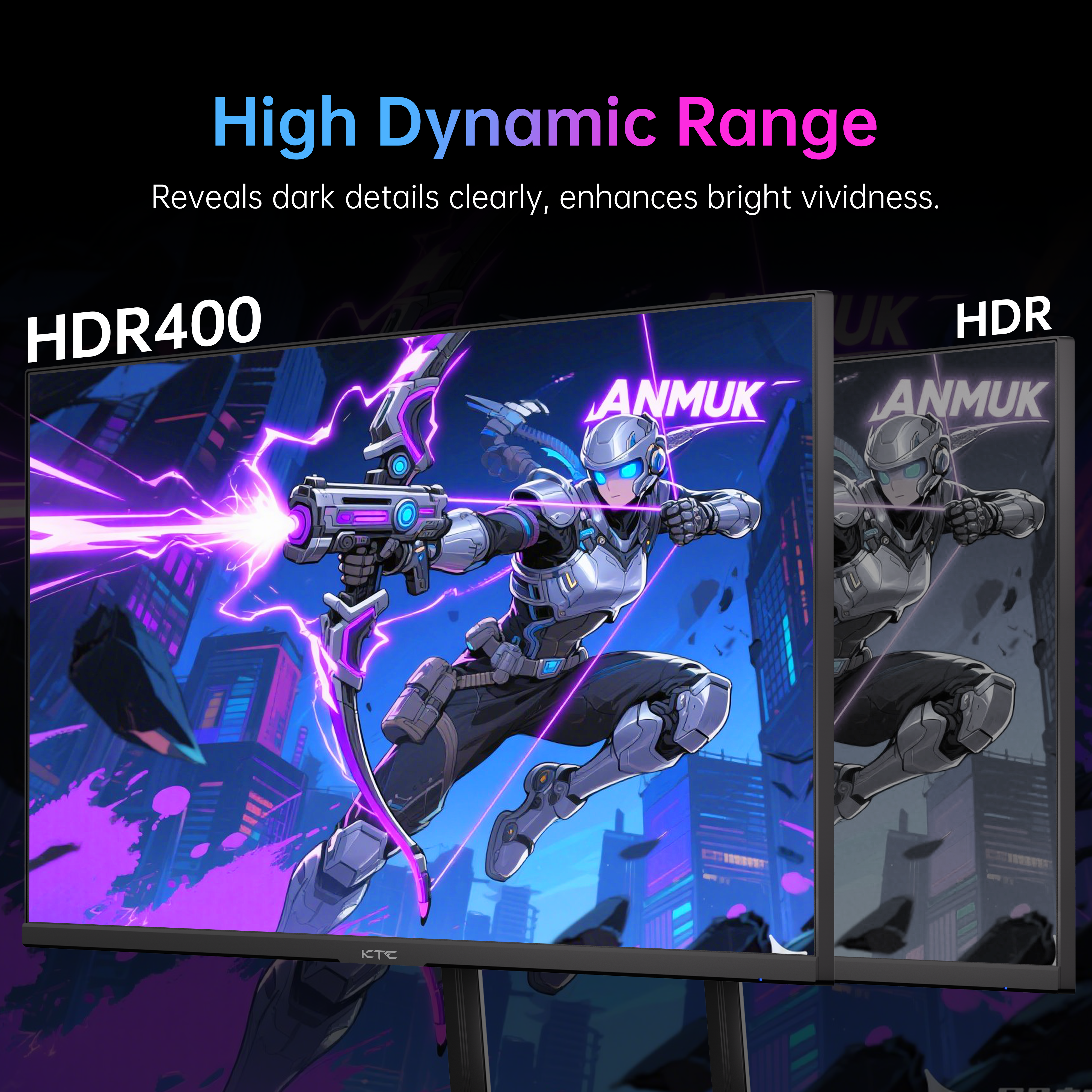 KTC gaming monitor showcasing HDR400 and High Dynamic Range for esports gaming with vibrant colors