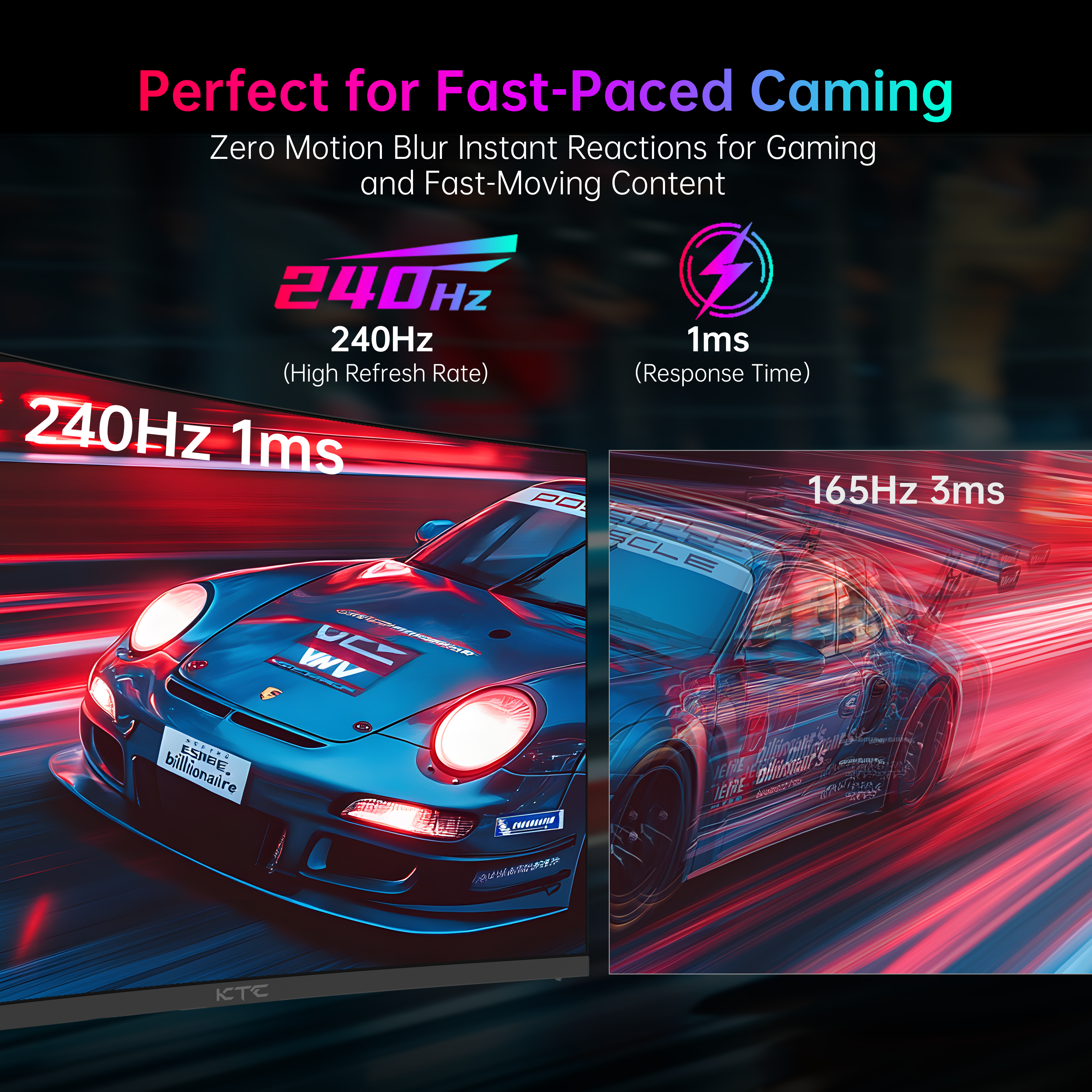KTC 240Hz gaming monitor showcasing zero motion blur with 1ms response time, essential for esports