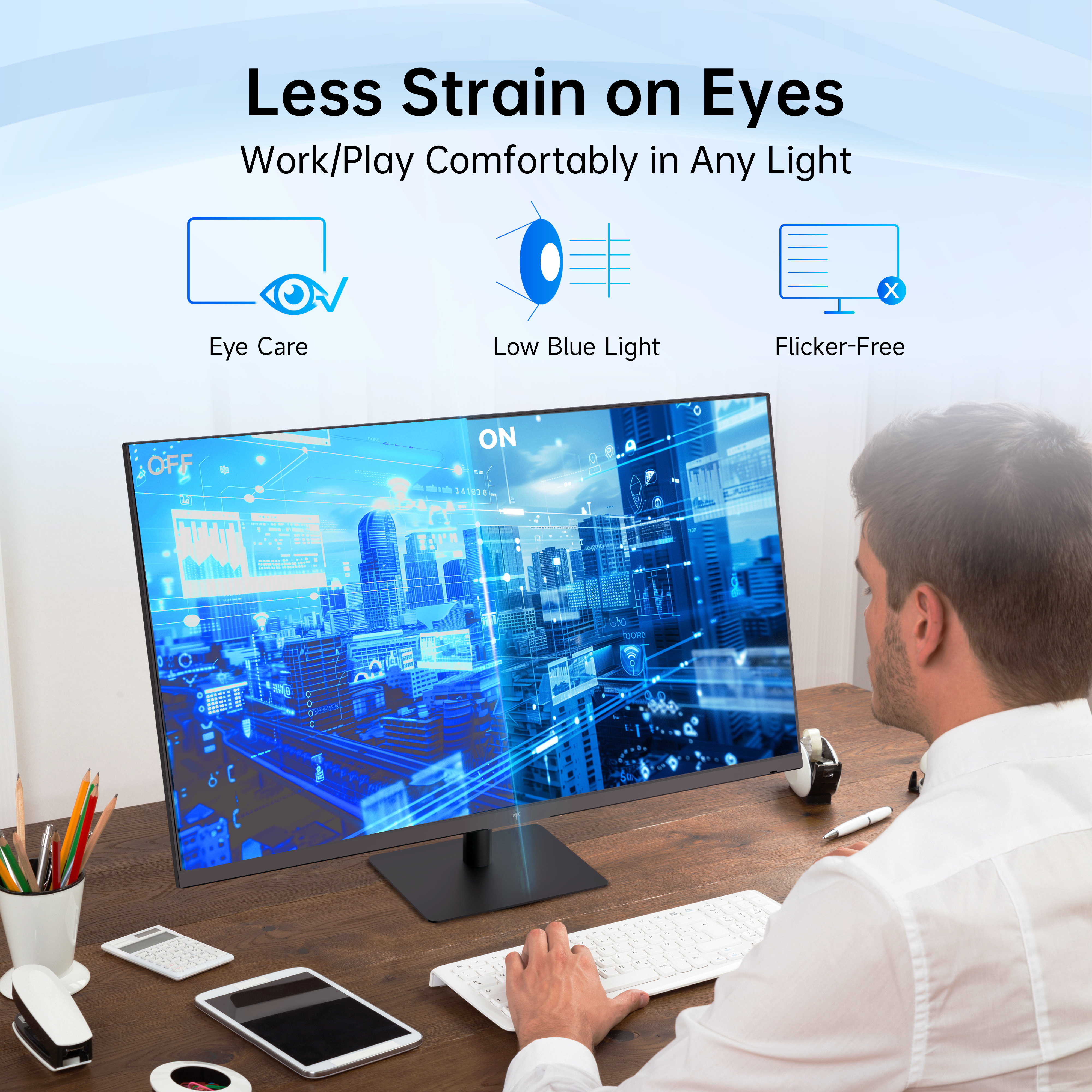 KTC 32" monitor features eye care, low blue light, and flicker-free technology for comfortable home office and gaming.