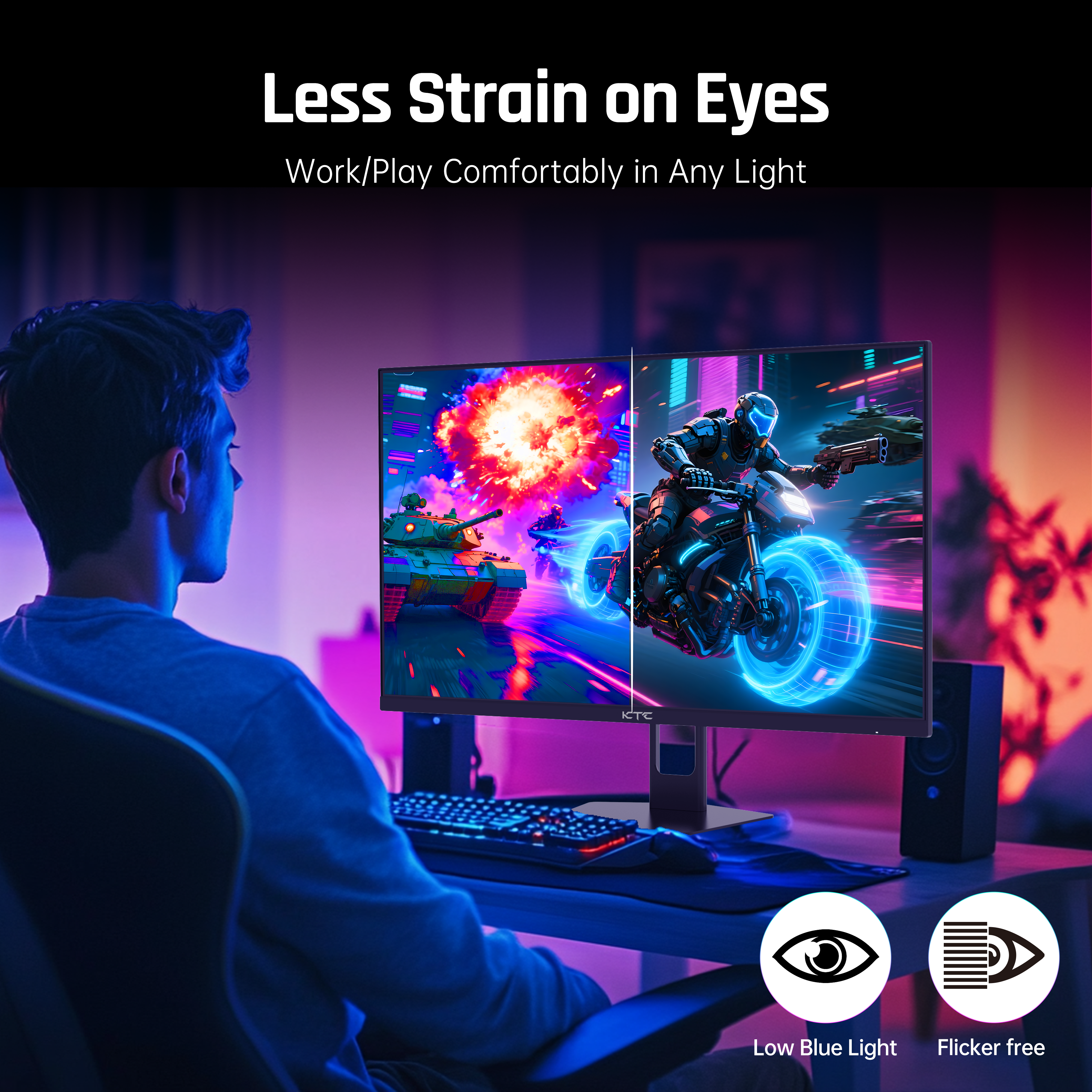 KTC gaming monitor featuring low blue light and flicker-free technology, ideal for comfortable esports gaming.