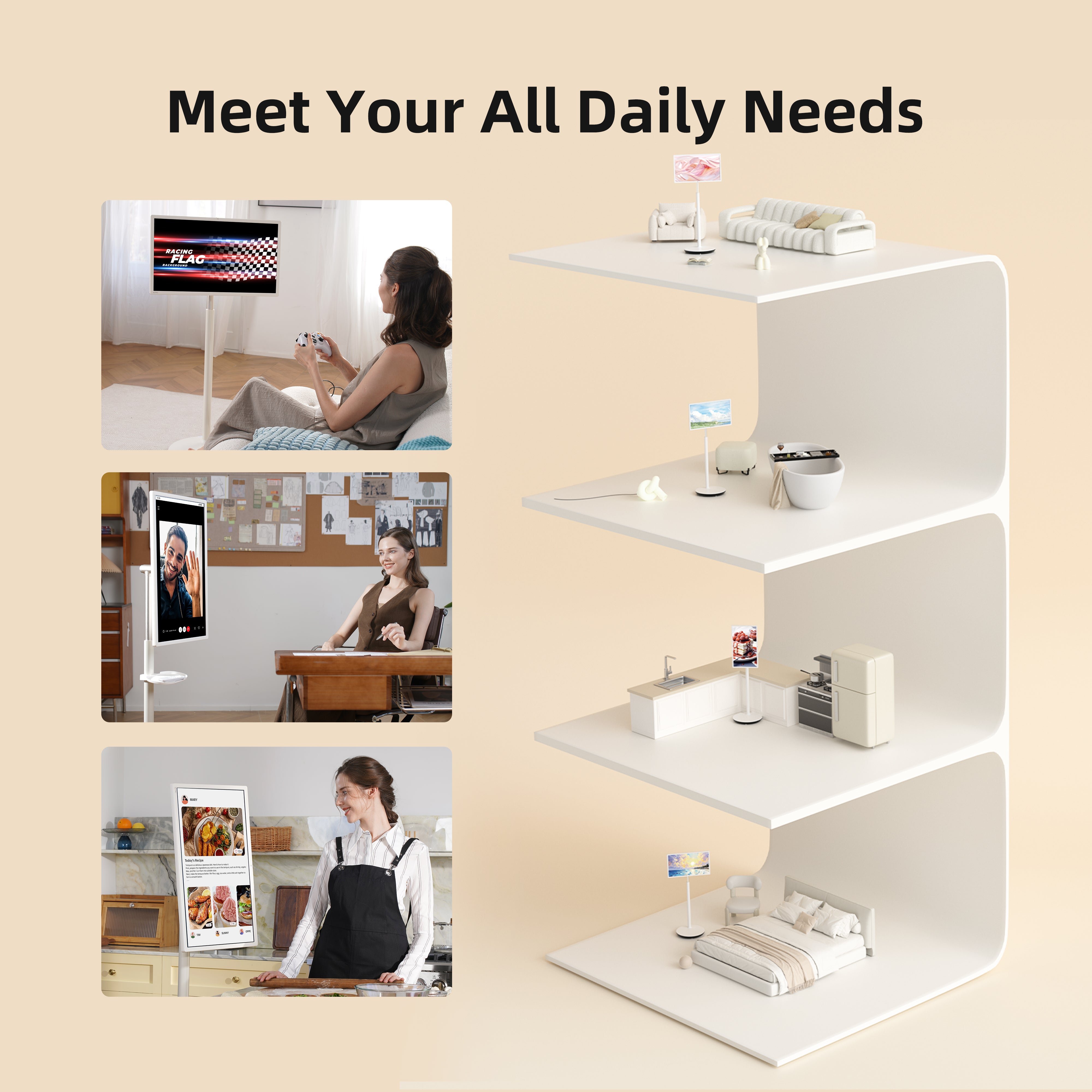 KTC 27" Touchscreen Monitor showcasing daily uses: gaming, video calls, and cooking with recipes, Meet Your All Daily Needs.